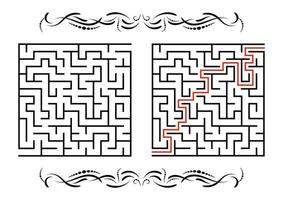 Abstract square maze. Game for kids. Puzzle for children. One entrance, one exit. Labyrinth conundrum. Flat vector illustration isolated on white background. With answer. With a vintage border