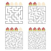 A set of square mazes. Four levels of difficulty. Cute mushrooms. Game for kids. One entrances, one exit. Labyrinth conundrum. Flat vector illustration isolated on white background.