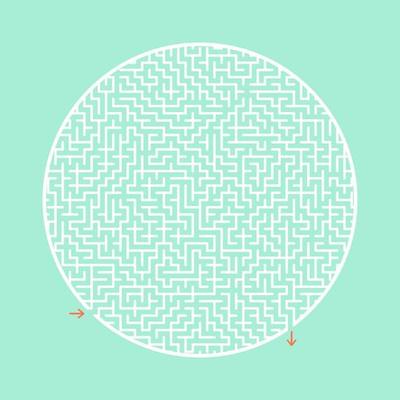 Difficult round labyrinth. Game for kids and adults. Puzzle for children. Labyrinth conundrum. Flat vector illustration isolated on color background.