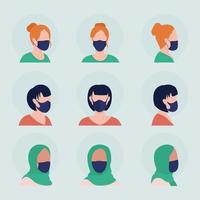 Women with black masks semi flat color vector character avatar set