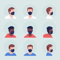 Different men wearing mask semi flat color vector character avatar set