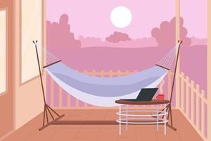 Hammock in backyard for rest flat color vector illustration