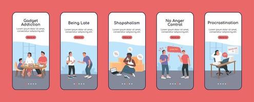 Plantilla de vector plano de pantalla de aplicación móvil de incorporación de malos hábitos