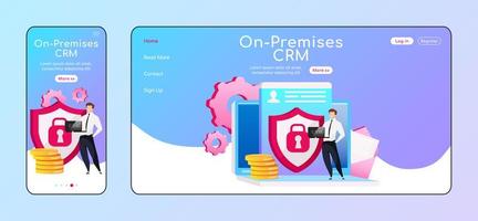 On premises CRM adaptive landing page flat color vector template. Smiling male keeps laptop mobile and PC homepage layout. Local host one page website UI. Info security webpage cross platform design