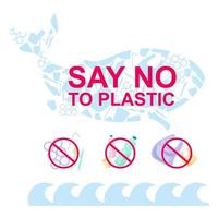 Say no to plastic in ocean flat concept icons set. Nature protection. Waste reduce and refuse. Plastic free stickers, cliparts pack. Isolated cartoon illustrations on white background vector