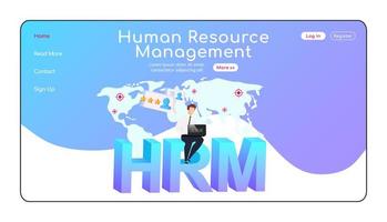 Human resource management landing page flat color vector template. Businessman sitting on word homepage layout. High rating one page website interface with cartoon character. HRM web banner, webpage