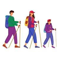 Family walking tour flat vector illustration. Hiking activity. Cheap travelling choice. Active vacation. Family on a mountain trip. Budget tourism isolated cartoon character on white background