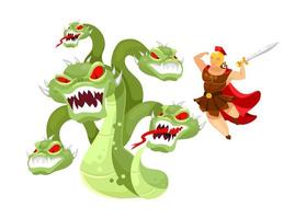 Hydra and Hercules flat vector illustration. Hero attacking mythological monster. Greek mythology. Twelve labors of Herakles. Fight with beast isolated cartoon character on white background