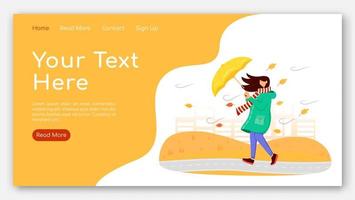 Woman in raincoat landing page flat color vector template. Female with umbrella homepage layout. Autumn nature one page website interface with cartoon character. Windy weather web banner, webpage