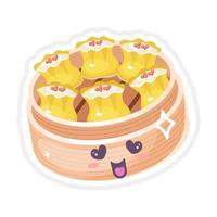 Conjunto de caracteres vectoriales kawaii lindo dim sum chino. plato asiático con cara sonriente. cocina tradicional oriental. bola de masa con caviar. emoji divertido, emoticon. ilustración de color de dibujos animados aislado vector