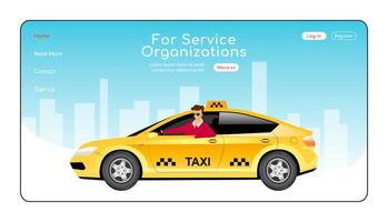 para la plantilla de vector de color plano de página de destino de organizaciones de servicios. Diseño de página de inicio de entrega de taxi urgente. taxi orden interfaz de sitio web de una página con personaje de dibujos animados. banner web de viajes de la ciudad, página web