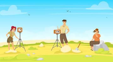 Field survey flat vector illustration. Study group, exploration team. On site research with equipment. Woman and man professionals, geodesy exception. Soil examination. Scientists cartoon characters