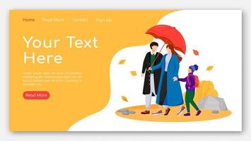 Walking family landing page flat color vector template. Parents with child homepage layout. Autumn nature one page website interface with cartoon characters. Couple with umbrella web banner, webpage