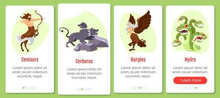 Greek mythology onboarding mobile app screen vector template. Fantastical creatures and beasts. Walkthrough website steps with flat characters. UX, UI, GUI smartphone cartoon interface concept