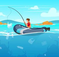 Person fishing in sea full of garbage flat vector illustration. Junk in water. Nature damage. Ecological catastrophe. Ocean pollution. Fisherman with plastic package on rod cartoon character