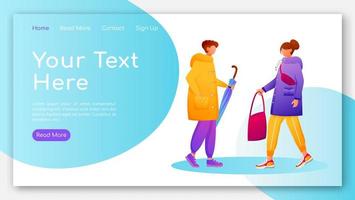 People in raincoats landing page flat color vector template. Walking caucasian humans homepage layout. Rainy day one page website interface with cartoon characters. Wet weather web banner, webpage