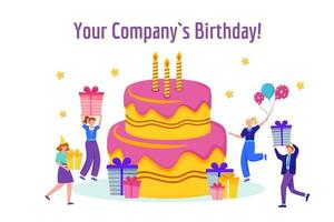 Company birthday celebration flat vector illustration. Corporate anniversary celebration concept. Cake with candles, gifts and workers cartoon characters. Greeting card design element