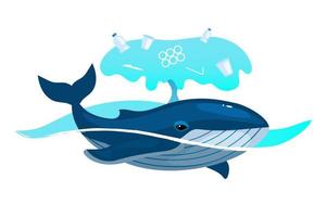 ballena en el océano con icono de concepto plano de residuos plásticos. Problema de contaminación ambiental. Animal marino y basura en agua de mar pegatina, clipart. ilustración de dibujos animados aislado sobre fondo blanco vector