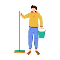 Earning money flat vector illustration. Cleaning floor, apartment. Working as cleaner. Job for student, youth. Boy with mop and bucket. Work options isolated cartoon character on white background