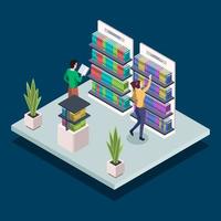 People at modern book library isometric color vector illustration. Bookstore shelves. University students reading, searching textbooks. Public library 3d concept isolated on blue background