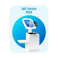 Self service kiosk flat concept icon. Payment terminal sticker, clipart. Digital software with sensor interface. Freestanding banking construction isolated cartoon illustration on white background vector