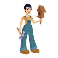 Woman building birdhouse flat cartoon vector illustration. Aries zodiac sign personality. Ready to use 2d character template for commercial, animation, printing design. Isolated comic hero