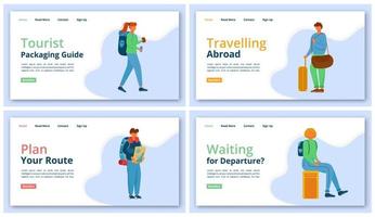 Travel agency landing page vector template set. Vacation trip website interface idea with flat illustrations. Holiday journey homepage layout. Tourism web banner, webpage cartoon concept