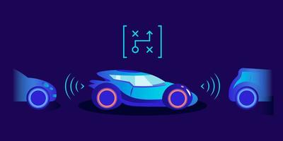 Ilustración de vector de color plano de asistencia de estacionamiento. Automóvil inteligente con innovador sistema de ayuda sobre fondo azul. transporte autónomo futurista equipado con sensores para un estacionamiento seguro