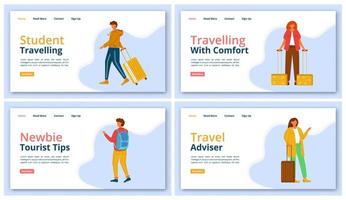 Travel company landing page vector template set. Tourist agency website interface idea with flat illustrations. Tour operator homepage layout. Voyager help web banner, webpage cartoon concept