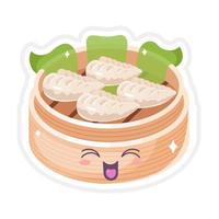 Chinese dim sum cute kawaii vector character. Asian traditional dish with smiling face. Eastern cuisine. Dumplings with spices. Funny emoji, emoticon. Isolated cartoon color illustration