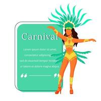 Cita de personaje de vector de color plano de carnaval. mujer en traje de fiesta y corona con plumaje. celebración brasileña. plantilla de marco en blanco de cita. burbuja de diálogo. diseño de cuadro de texto vacío de cotización