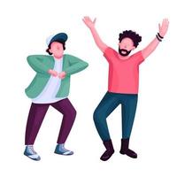 Men dancing flat color vector faceless character. Stylish friends at nightclub disco party. Modern dance, guys at discotheque isolated cartoon illustration for web graphic design and animation