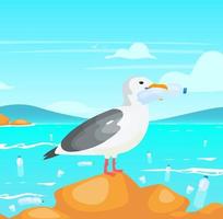 Seagull with plastic bottle flat vector illustration. Nature damage. Ecological catastrophe. Plastic pollution in ocean problem. Bird holding in beak disposable container cartoon character