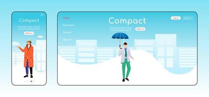 Compact umbrella landing page flat color vector template. Mobile display. Man in jacket homepage layout. Wet day one page website interface, cartoon character. Fashionable male web banner, webpage