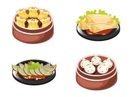 Conjunto de iconos de colores de platos chinos. tipos de albóndigas con relleno de carne y verduras. rollitos de primavera y ensalada de verduras. cocina tradicional oriental. calabaza con salsa. ilustraciones vectoriales aisladas vector