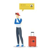 Traveller with neutral review bubble semi flat RGB color vector illustration. Consumer feedback. Client satisfaction. Quality evaluation. Satisfied customer. Isolated cartoon character on white