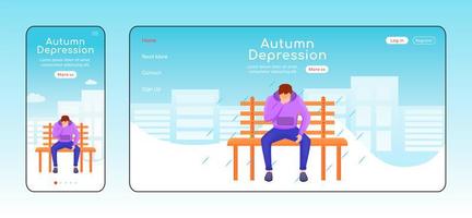 Autumn depression landing page flat color vector template. Melancholy homepage layout. Mobile display. Seasonal melancholy one page website interface, cartoon character. Wet weather banner, webpage