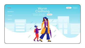 Warm clothing landing page flat color vector template. Mother with son go to school homepage layout. Rainy day one page website interface with cartoon character. Wet weather web banner, webpage