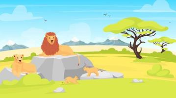 Ilustración de vector plano de paisaje de sabana. ambiente africano con leones sobre roca. campo de safari con árboles y criaturas. parque de conservación. personajes de dibujos animados de animales del sur