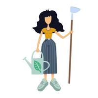 Ilustración de vector de dibujos animados plana cero residuos. mujer de pie sostiene la regadera y la azada. agricultura. lista para usar plantilla de personajes 2d para comerciales, animación, diseño de impresión. héroe cómico aislado