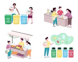 Gente clasificando basura conjunto de caracteres sin rostro vectoriales de color plano. clientes que utilizan bolsas reutilizables para la compra de comestibles. Cero residuos estilo de vida ilustraciones de dibujos animados aislados sobre fondo blanco vector