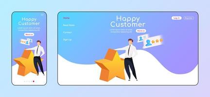 Happy customer adaptive landing page flat color vector template. Smiling man with star mobile and PC homepage layout. High rating one page website UI. CRM system webpage cross platform design