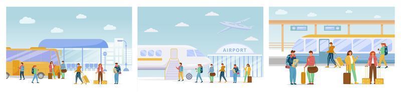 Traveling flat vector illustrations set. Bus stop, airport, railway station. Vacation trip. Journey with transfers. Voyage. People move on different modes of transport cartoon characters