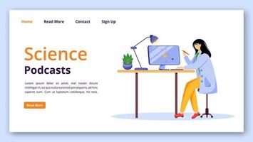 Science podcasts landing page vector template. Girl in lab coat using computer website interface with flat illustrations. Modern learning technology homepage layout, banner, webpage cartoon concept