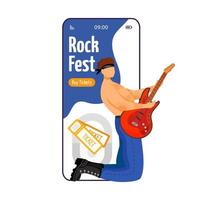 pantalla de aplicación de vector de teléfono inteligente de dibujos animados de rock fest. Entradas. guitarrista. concierto, concierto. festival, evento. Pantalla de teléfono móvil con maqueta de diseño de personajes planos. aplicación teléfono linda interfaz