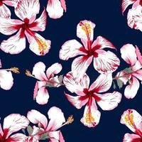 Seamless pattern tropical summer with Hibiscus flowers on isolated dark blue background.Vector illustration hand drawing dry watercolor style.For fabric design. vector