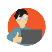 A Business Man wth Laptop Computer in Trendy Flat Style. Communication Concept. Vector Illustration