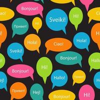 Seamless Pattern Background of Speech Bubble with Hello Word on Different Languages Danish, Spanish, Russian, English, German, Italian, Lithuanian, French Vector Illustration