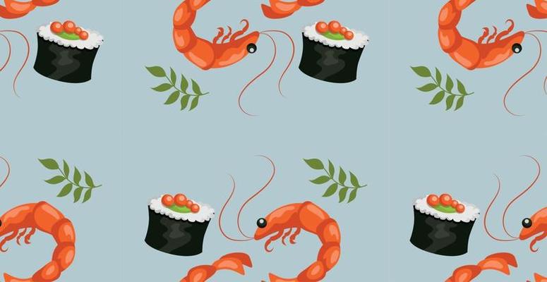 Seamless pattern, various seafood, caviar, shrimps, rolls