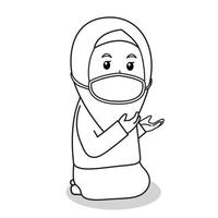 La niña musulmana usa un vestido rosa y un hijab rosa musulmán tradicional. rezando en el mes de Ramadán, usando una máscara y un protocolo saludable.Ilustración de personaje. vector